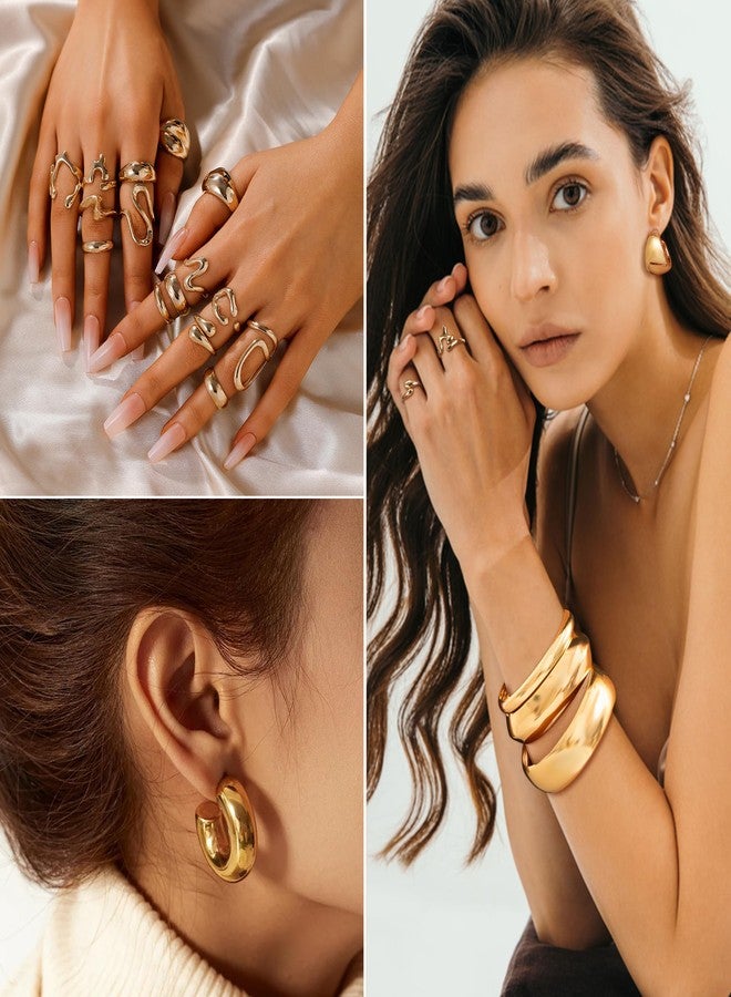 MEDOJO 36 Pcs Golden Jewelry Set for Women Chunky Bangle Bracelet Golden Hoop Earrings Stackable Ring Chunky Jewelry Set for Women - Image 2